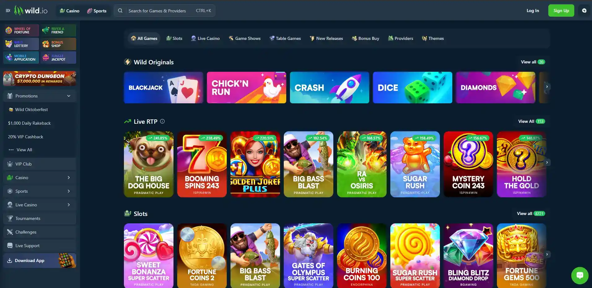 Editorial casino lobby divided into slots, live tables and original game categories